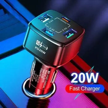 5 портов автомобильное зарядное устройство прикуриватель быстрая зарядка PD QC3.0 PD автомобильное зарядное устройство для телефона для iPhone14 13 Samsung Type C адаптер чёрный