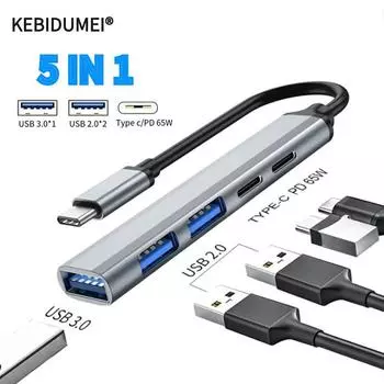 5-портовый USB-концентратор типа C, высокоскоростной разветвитель USB 3.0, док-станция 2.0 с зарядным устройством PD, 65 Вт, многопортовый удлинитель, аксессуары для ноутбуков 4*USB+1*Type C чёрный