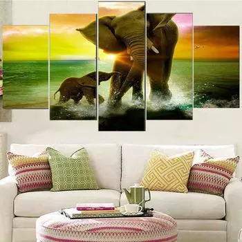 5 предметов настенного искусства холст картины два слона закат пейзаж постер модульные картины украшение дома современная гостиная Medium Size Unframed Canvas