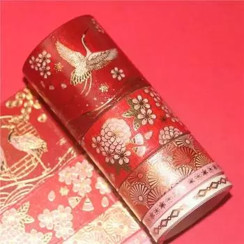 5 Roll Set DIY Creative Decoration Chinese Style Masking Tape Hot Stamping Crane Paper Antique Hand Ledger Tape Lipstick Sticker A