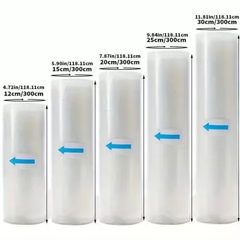 5 рулонов вакуумных пакетов разных размеров для упаковки пищевых продуктов. Вакуумные пакеты для упаковки пищевых продуктов без содержания бисфенола А.