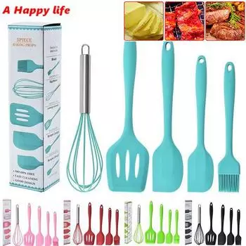 5 шт./1 комплект, термостойкие инструменты для выпечки, ручка из нержавеющей стали, силиконовая кухонная утварь, антипригарная сковорода, лопатка, кухонный инструмент для выпечки 5Pcs/1set