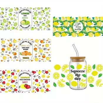 5 шт. 3D УФ DTF наклейки на чашки, водонепроницаемые переводные наклейки для чашек 16 унций, дизайн с фруктами, лимоном, апельсином, клубникой, устойчивые к царапинам наклейки на хрустальное стекло