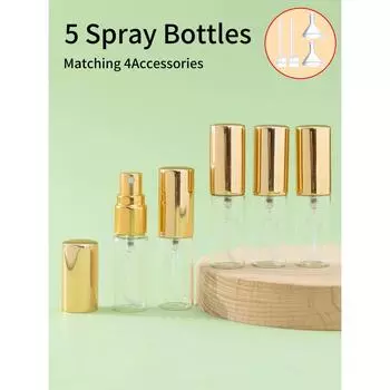 5 шт. + 4 аксессуара. Флакон-распылитель для духов объемом 5 мл с 5 флаконами-распылителями, 2 воронками, 2 дозаторами. 5ml&glass