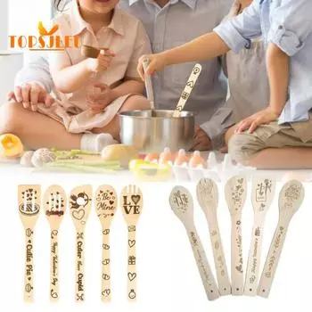5 шт. бамбуковые кухонные ложки с гравировкой, забавный узор, гладкая поверхность, прочная деревянная лопаточка, кухонная утварь с длинной ручкой B
