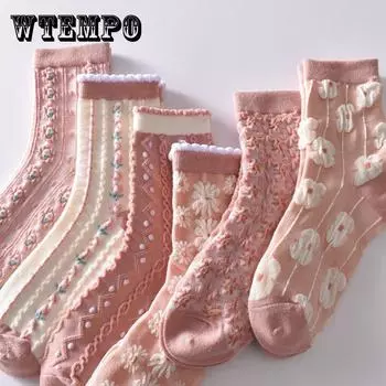 5 шт./белые носки средней длины с цветочным принтом, женские модные японские носки туманного цвета, студенческие весенние лоли, тонкие носки JK, розовые, новинка 3pcs A