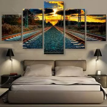 5 шт., без рамки, железнодорожный путь, закат, холст, картина, печать, настенное искусство, холст, картина, Настенный декор для гостиной 20x35cm*2 20x45cm*2 20x55cm*1