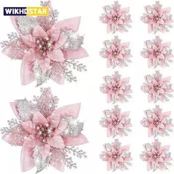 5 шт. блестящие искусственные рождественские цветы веселое рождественское украшение на елку счастливые новогодние украшения рождественские искусственные цветы натальные 5pcs розовый