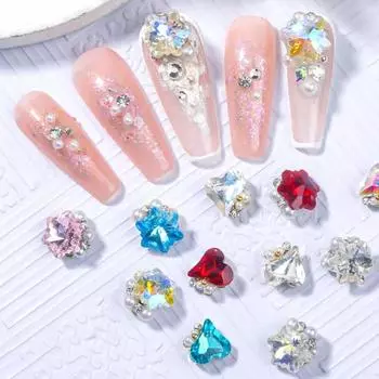 5 шт., блестящие стразы со звездами для ногтей, искусственный жемчуг, стразы, кристальное сердце/шестиугольные 3D-подвески, сделай сам, дизайн ногтей F