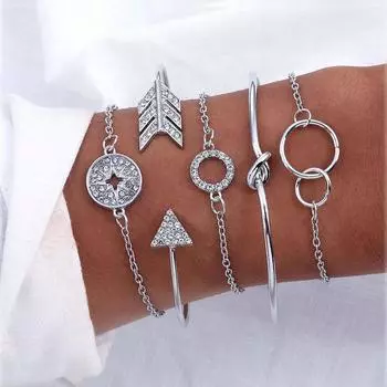 5 шт., богемный круглый браслет со стрелками и кристаллами, новый винтажный браслет для женских модных аксессуаров серебряный