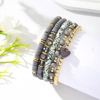 5 шт. браслетов в стиле бохо из полимерной глины, многослойные бусины в форме сердца, контрастный цвет коричневый