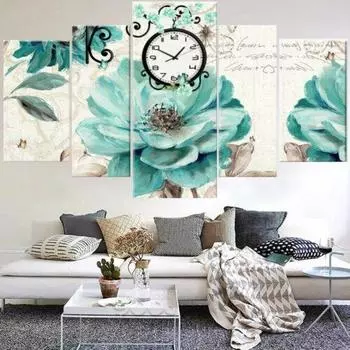 5 шт., часы, цветы, 5 шт., картины, постер, фотографии без рамки, холст, настенное искусство, HD печать, домашний декор, 5 панелей, декор комнаты, абстрактное 20x35 20x45 20x55cm
