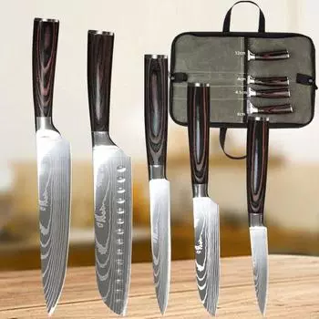 5 шт. Дамасский лазерный нож шеф-повара, кухонный нож западной кухни, нож сантоку, многоцелевой набор ножей и сумка для хранения 5 knife with bag