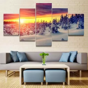5 шт., фэнтезийный закат, снежный лес, холст, картина, пейзажные постеры и принты, настенные панно для гостиной, домашний декор, без рамки 20x35cm*2 20x45cm*2 20x55cm*1