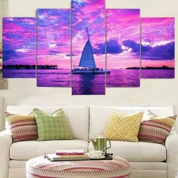5 шт., фиолетовое небо, лодка, настенное искусство, HD печать, домашний декор, холст, картины без рамки, постер, 5 панелей, абстрактный декор комнаты, современный 20x35 20x45 20x55cm