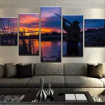 5 шт. HD печать большие охотники на уток закат картина Куадрос пейзаж холст настенное искусство домашний декор для гостиной холст картина без рамки 20x35cm*2 20x45cm*2 20x55cm*1