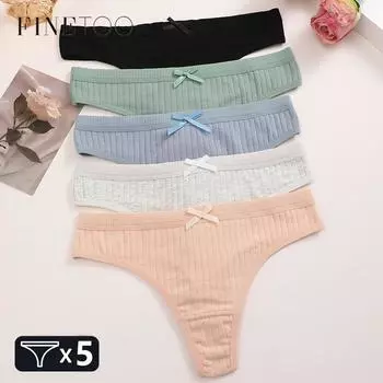 5 шт. хлопковое ребристое нижнее белье с бантом для женщин, сексуальные полосатые трусики с низкой талией, однотонные стринги, женское эластичное нижнее белье с Т-образным вырезом, размеры M-3XL M&5pcs