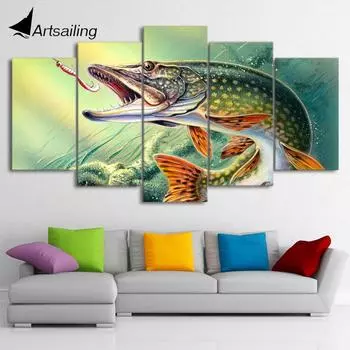 5 шт. холст искусство рыбалка крючком щука плакат и принты холст живопись настенные панно для гостиной домашний декор CU-1460A 20x35cm*2 20x45cm*2 20x55cm*1