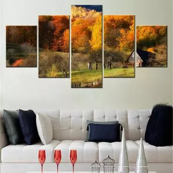 5 шт. холст настенное искусство постер картина осень амбары природа лес трава холм пейзаж модульный домашний декор картина печать спальня без рамки 20x35cm*2 20x45cm*2 20x55cm*1 No Frame
