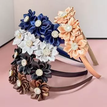 5 шт. Хрустальные повязки на голову с цветком для девочек, Сатиновые повязки для волос, Цветочная повязка на голову, Детские модные аксессуары для волос для вечеринок