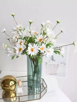 5 шт., искусственные цветы ромашки, длинная ветка, букет, сделай сам, шелковый искусственный цветок для дома, сада, свадебное украшение белый