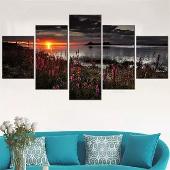 5 шт. Картина на холсте с изображением заката над озером, пейзажная живопись для интерьера, украшения спальни, постер, домашний декор, без рамки 20x35cm*2 20x45cm*2 20x55cm*1 No Frame