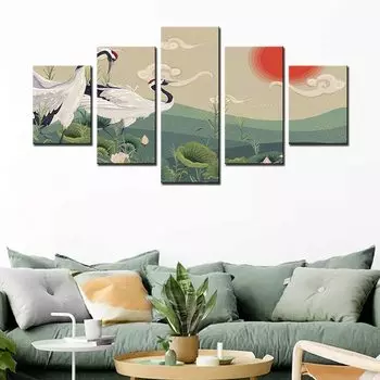 5 шт., картины с изображением лотоса, красного венценосного журавля, гор, заката, художественный постер, домашний декор, 5 панельных фотографий, холст, настенная HD печать, без рамки 20x35 20x45 20x55cm