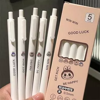 5 шт. кавайных гелевых ручек Labubu, пишущие гладкие черные чернильные ручки, офисные принадлежности, подарок для школьника, учителя, эстетические канцелярские принадлежности