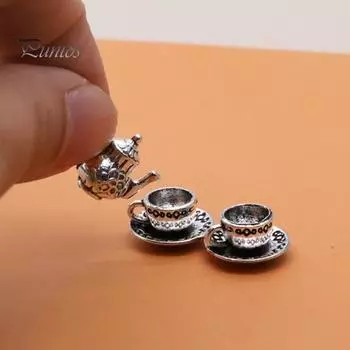 5 шт./компл. 1:12 кукольный домик, набор чайников, миниатюрный чайник, чайная чашка, подставка, набор моделей, обеденный стол, модель декора, игрушки, аксессуары для кукольного домика серебряный