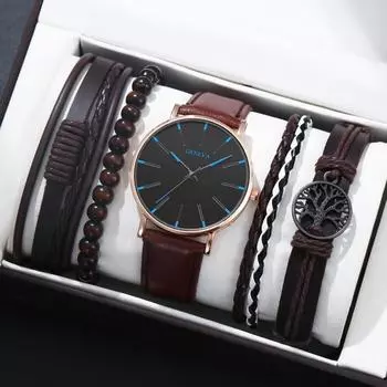 5 шт./компл., 1 шт. модные мужские деловые аналоговые кварцевые часы из искусственной кожи и набор браслетов из 4 шт., мужские подарки
