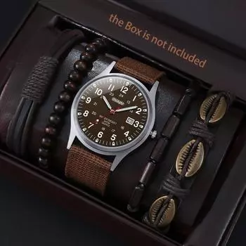 5 шт./компл., 1 шт., модный мужской спортивный стиль, нейлоновый ремешок, кварцевые часы и 4 шт., набор браслетов из бисера, подарки на день отца
