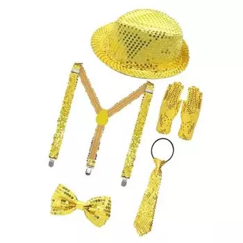 5 шт./компл. Диско-аксессуары 80-х 90-х для мужчин и женщин: шляпа с пайетками, ремень-портупея, перчатки, галстук-бабочка, галстук. Набор диско-костюма для карнавала, маскарада, Хэллоуина золотистый