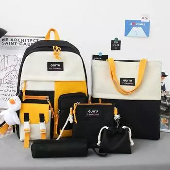 5 шт./компл., холщовые рюкзаки, женские школьные сумки для девочек-подростков, вместительные сумки для книг, студенческие дорожные рюкзаки, женский рюкзак чёрный