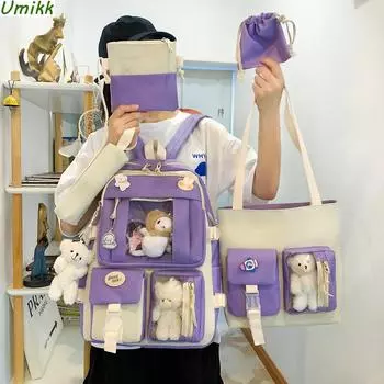5 шт./компл. Kawaii женский рюкзак 2024 корейский милый студенческий школьный рюкзак большой вместимости новый корейский школьный дорожный рюкзак для девочек рюкзак