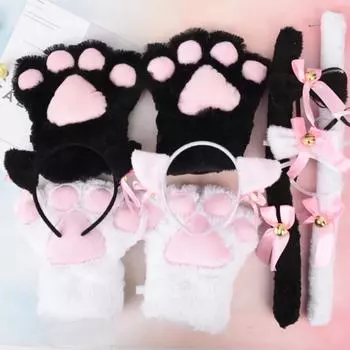 5 шт./компл. костюм для косплея кошки, кошачий хвост, уши, воротник, лапы, перчатки, комплект, милый чёрный