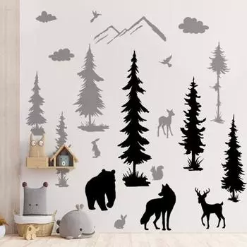 5 шт./компл. Лес Наклейка на стену Черный Серый Деревья Животные Настенная роспись Самоклеящаяся Съемная