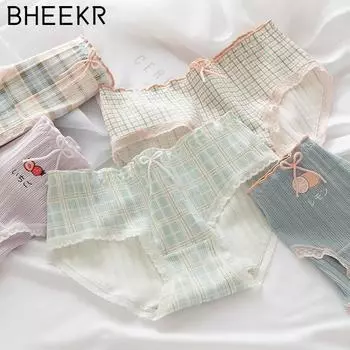 5 шт./компл., маленькое свежее нижнее белье в клетку с фруктами, клубникой, лимоном, женское нижнее белье для девочек, хлопковые трусы со средней талией, женское нижнее белье M