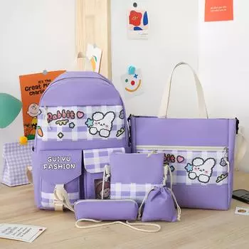 5 шт./компл., милые холщовые женские школьные рюкзаки для девочек-подростков, сумка для книг, студенческий высококачественный дорожный рюкзак для ноутбука, женский 30x14x43cm чёрный