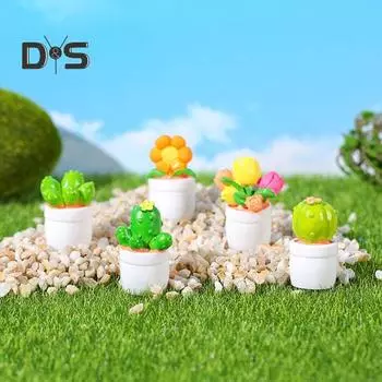 5 шт./компл. Мини-фигурки для растений в горшках, смоляные украшения для цветов в горшках, крошечные игрушки-кактусы, миниатюрные статуи суккулентов, настольные микропейзажи для сада фей 5pcs