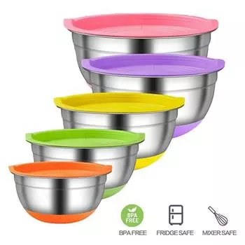 5 шт./компл. миски из нержавеющей стали с крышками для смешивания, кухонные принадлежности для хранения продуктов, венчик для взбивания яиц, салатница с нескользящим цветным дном