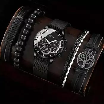 5 шт./компл., модные мужские деловые кварцевые наручные часы с нейлоновым ремешком и повседневные мужские браслеты, мужские подарки