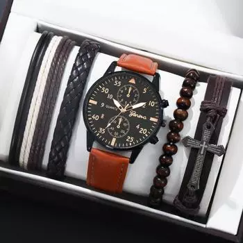 5 шт./компл., модные мужские повседневные деловые кварцевые наручные часы и набор браслетов из бисера, подарок для него