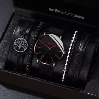 5 шт./компл., модные мужские повседневные кварцевые часы с ремешком из искусственной кожи и простые мужские браслеты, подарки на день отца