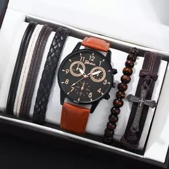 5 шт./компл., мужские модные повседневные кварцевые наручные часы из искусственной кожи Ana Log и набор браслетов из бисера, мужские подарки