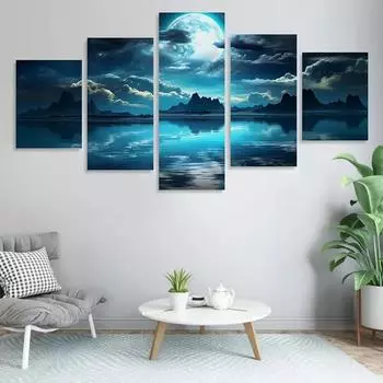 5 шт./компл. Пейзаж Печать на холсте Плакаты, Луна Океан Холст Настенные художественные картины, Художественная настенная живопись для гостиной, спальни, летучая мышь без рамки 20x35cm*2 20x45cm*2 20x55cm*1 No Frame
