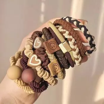 5 шт./компл. простые резинки для волос в форме сердца с подвесками в виде шариков, без повреждений, эластичные плетеные резинки для волос, веревки для женщин и девочек, держатели для хвостиков, резинки one size кофейный