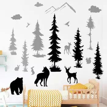 5 шт./компл. стикер на стену с изображением леса, черные, серые деревья, животные, настенная роспись, самоклеящаяся съемная, домашний декор для ванной комнаты, спальни, гостиной