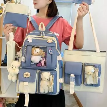 5 шт./компл. студенческий рюкзак с регулируемыми ремнями в корейском стиле, холщовая сумка-мессенджер, карандаш 5pcs синий