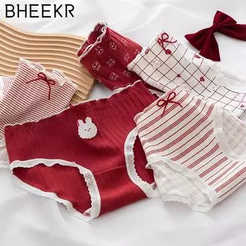 5 шт./компл., трусики для девочек с милым кроликом и кружевной кромкой, красные трусики с нитками для девочек, хлопковые студенческие трусики со средней талией, женские трусы M