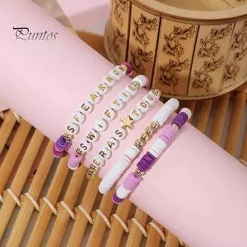 5 шт./компл. в богемном стиле, плетеный браслет ручной работы, разноцветные прозрачные бусины с буквами, эластичный браслет, ювелирное изделие, подарок розовый